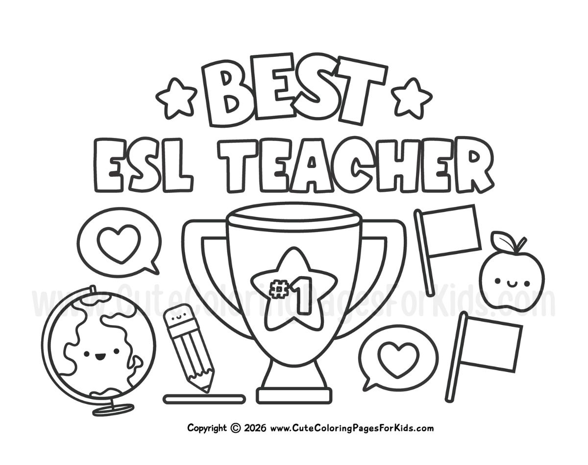 ESL teacher appreciation coloring page with trophy, conversation bubbles, flags, apple, and globe