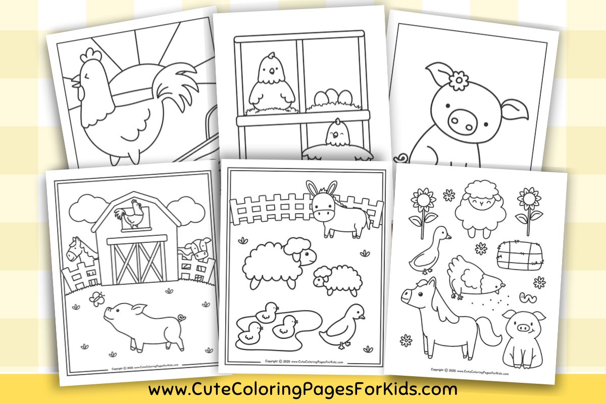 six farm animal coloring page printables from cutecoloringpagesforkids on a yellow background