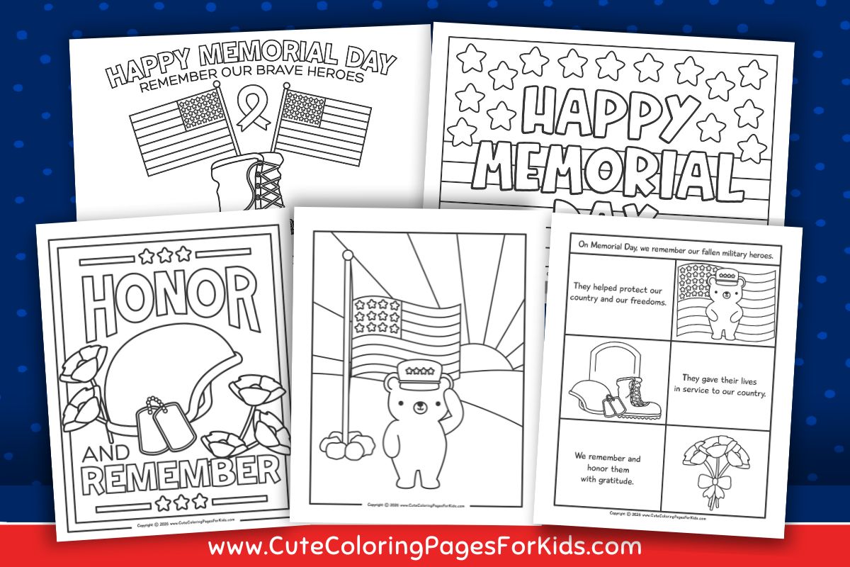 collection of 5 Memorial Day coloring pages from cutecoloringpagesforkids.com