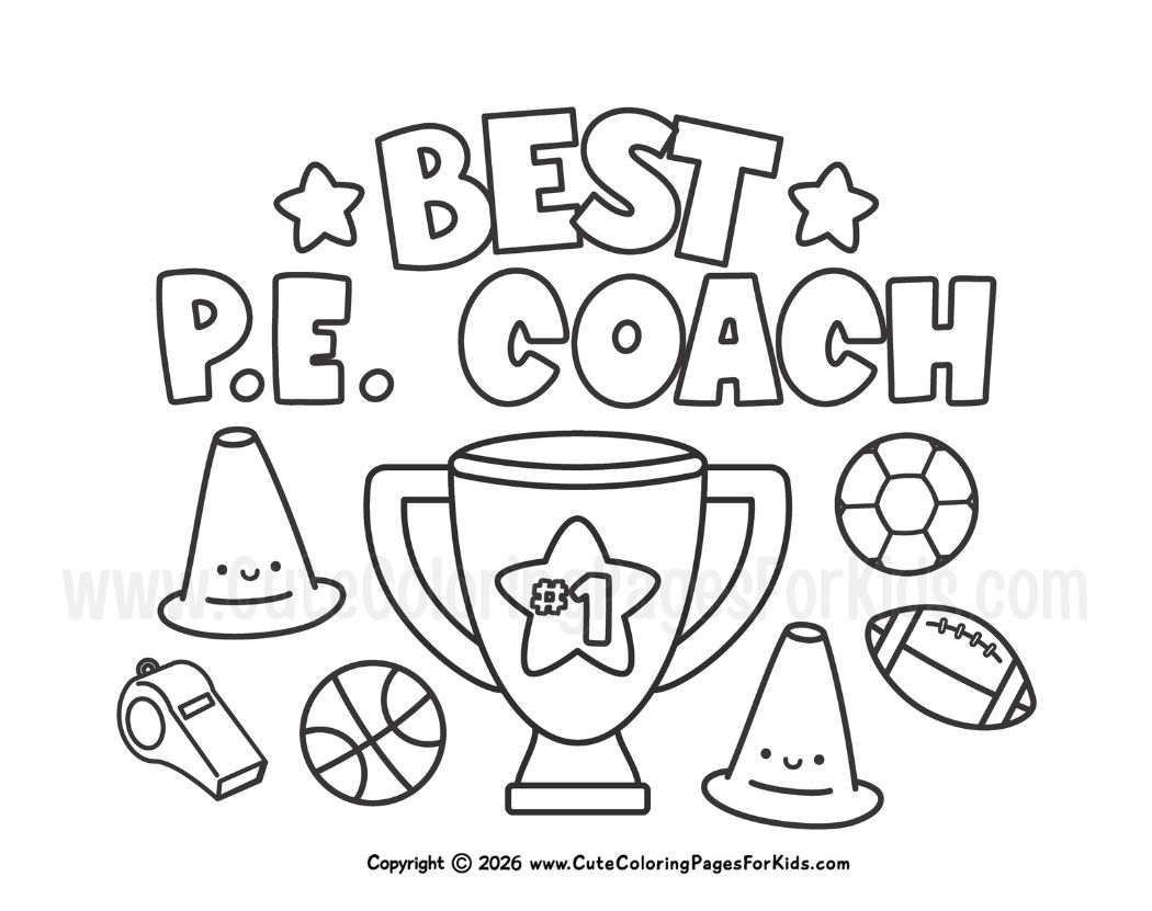 P.E. Coach Teacher appreciation coloring sheet with a trophy, cones, balls, and a whistle