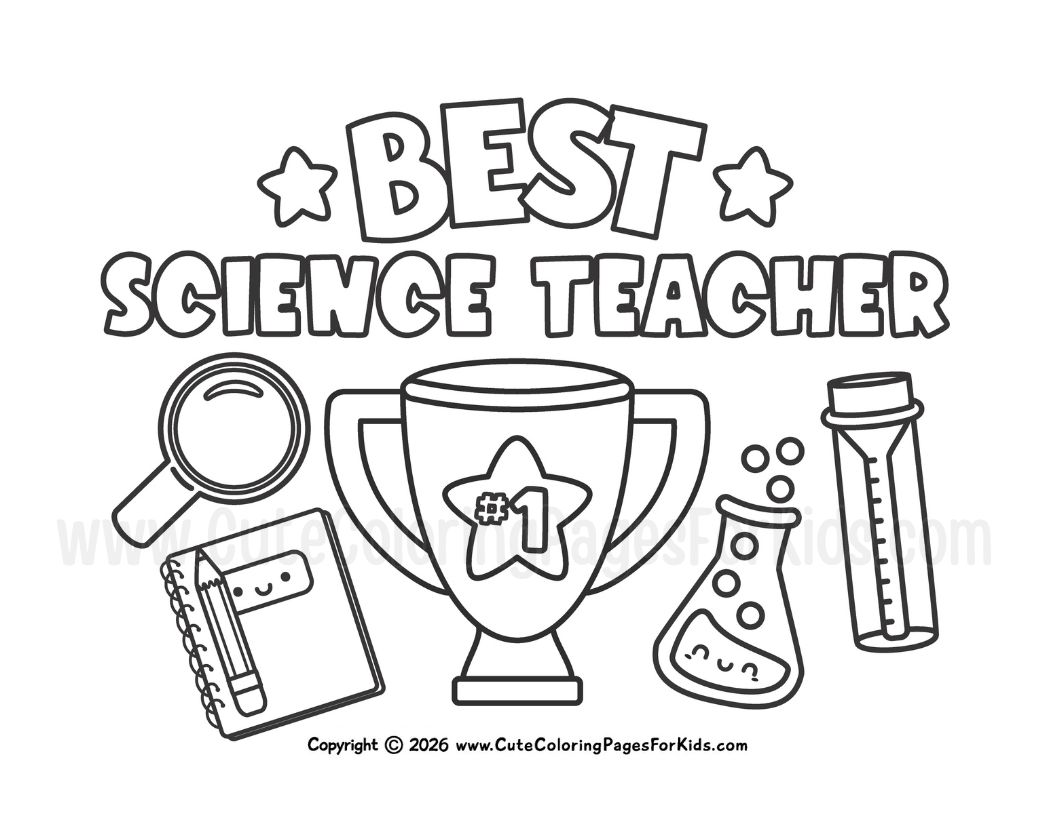 coloring page for Science Teacher appreciation with magnifying glass, notepad, and science instruments