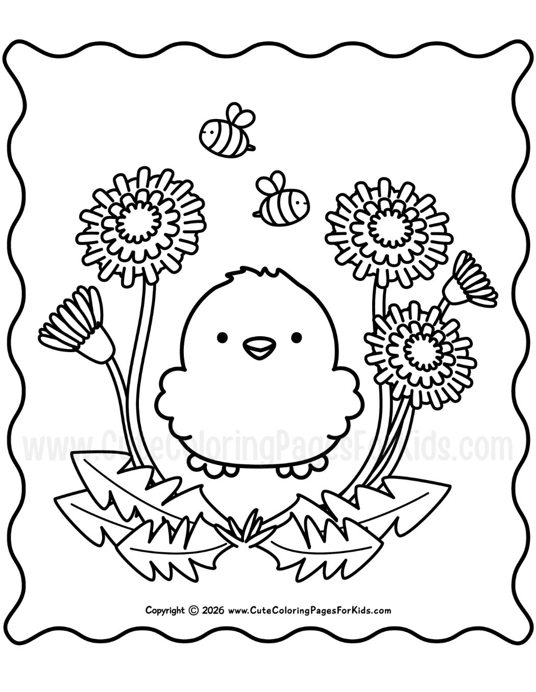 coloring page with cute chick surrounded by dandelion flowers