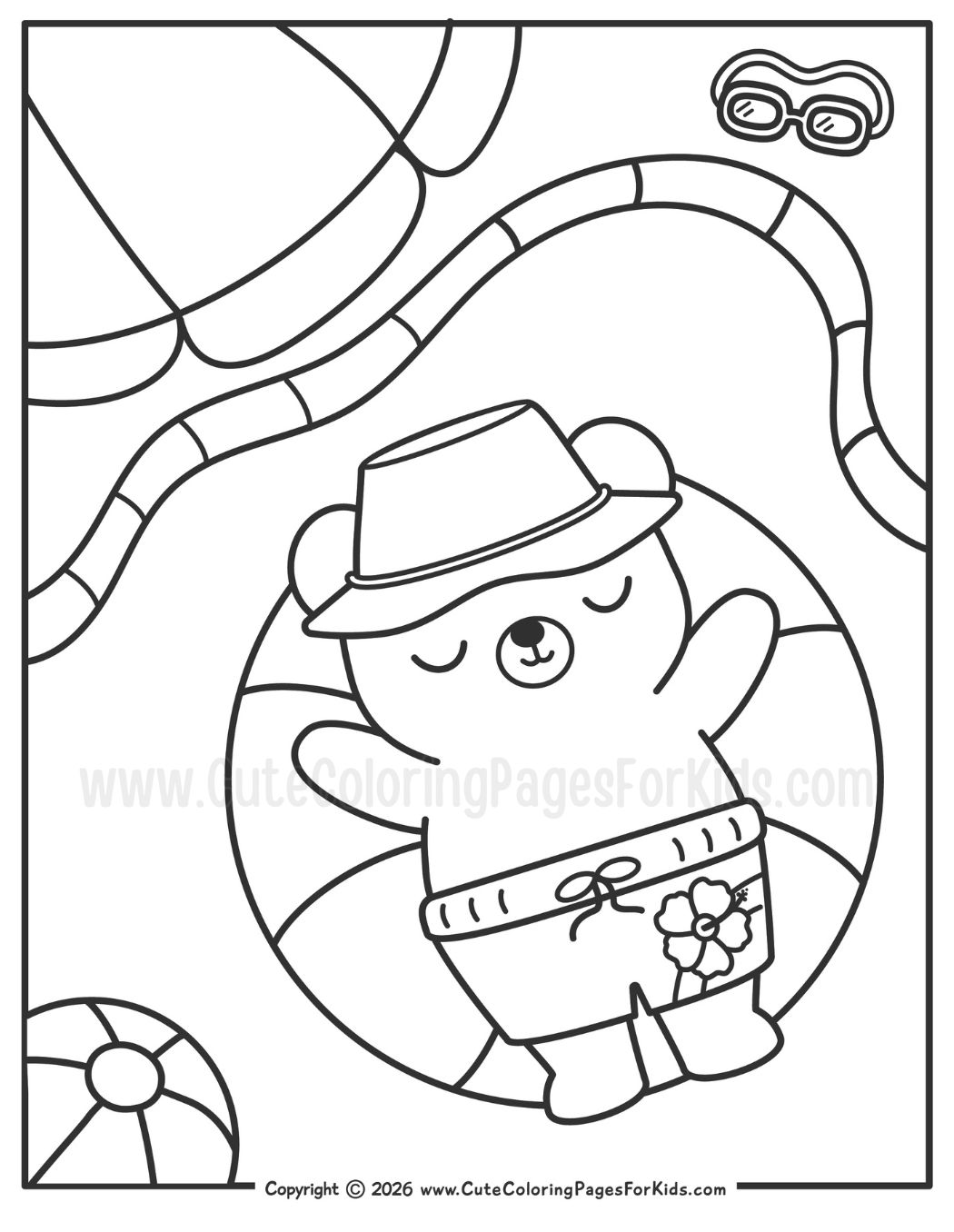 coloring page with picture of a bear on a float in a pool