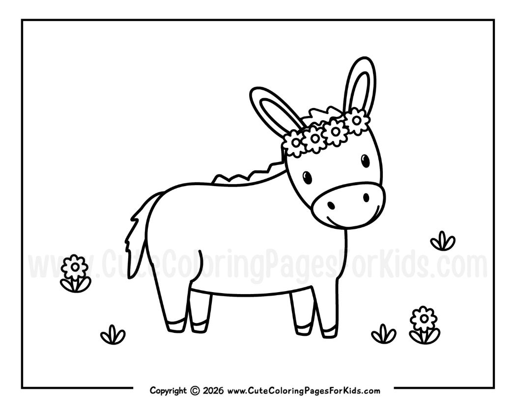 cute donkey coloring page with smiling donkey wearing a flower crown