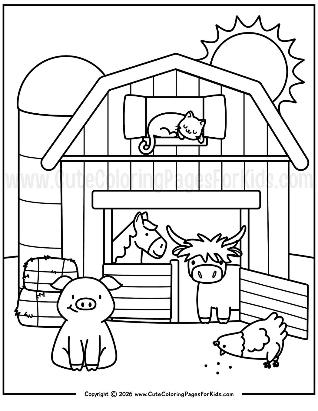coloring page with cute farm animals in a barn