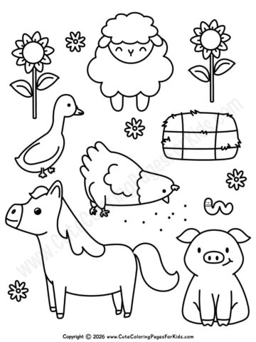 coloring page with sheep, goose, chicken, pig, and horse