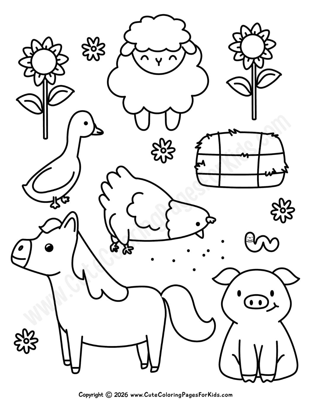 coloring page with sheep, goose, chicken, pig, and horse