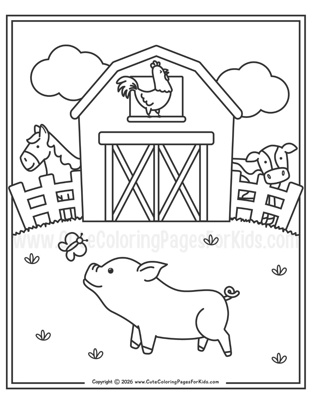 coloring page of a barnyard scene with variety of farm animals