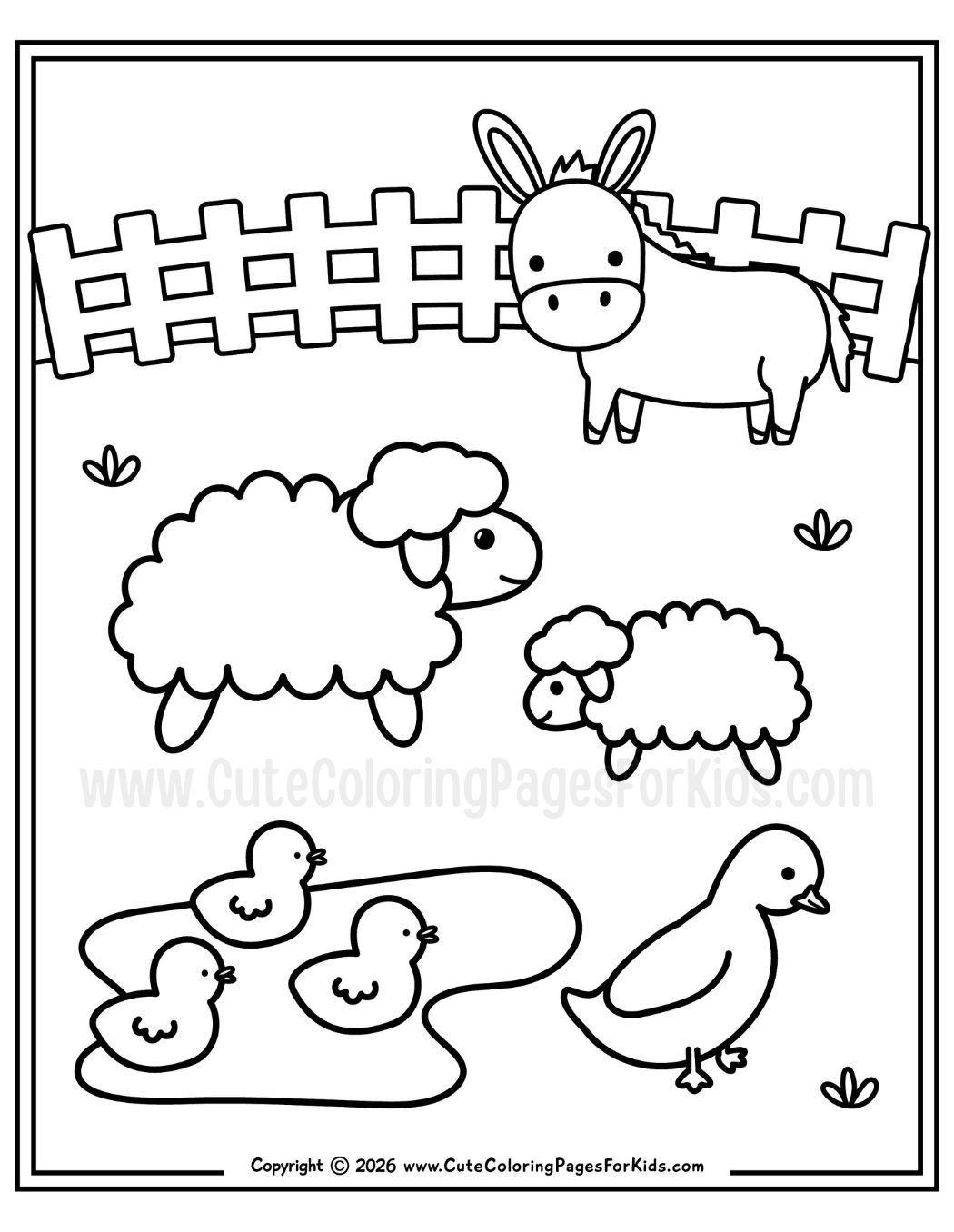 farm animals coloring page with donkey, sheep, ducklings, and duck in a fenced yard