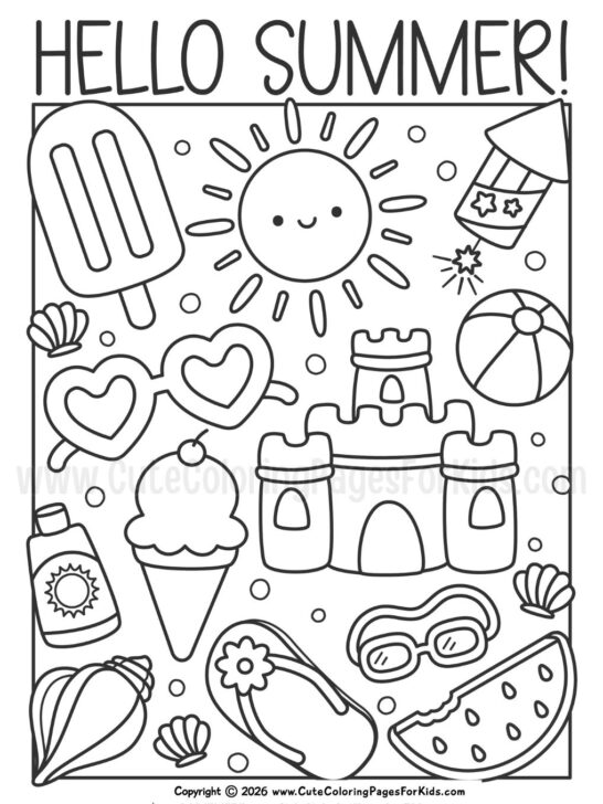 hello summer full page coloring sheet with fun summer elements to color
