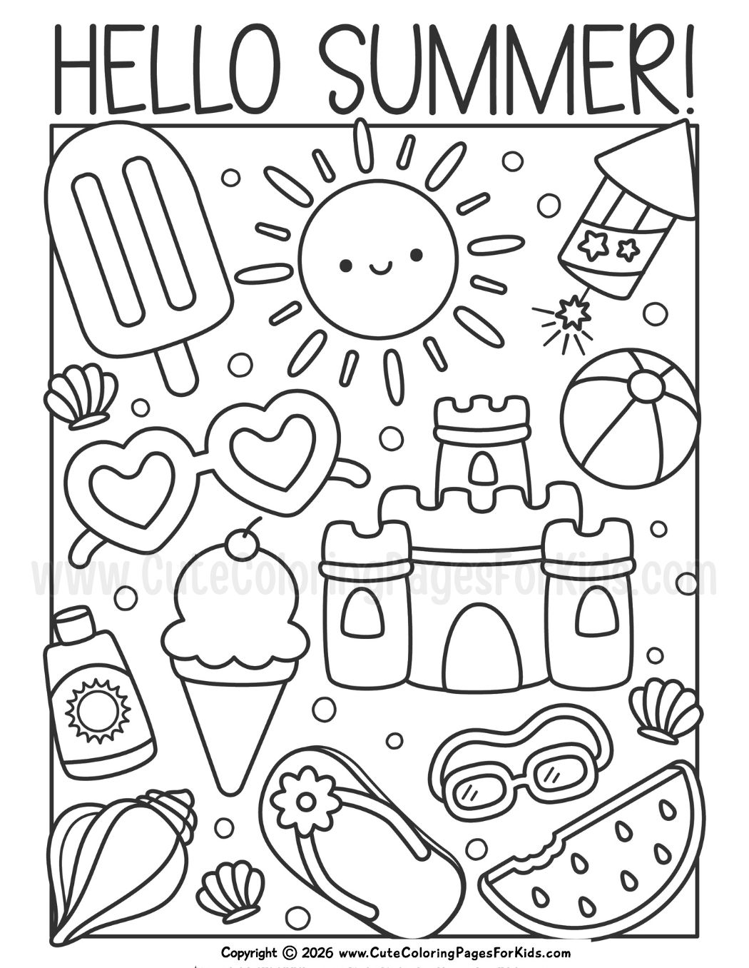 hello summer full page coloring sheet with fun summer elements to color