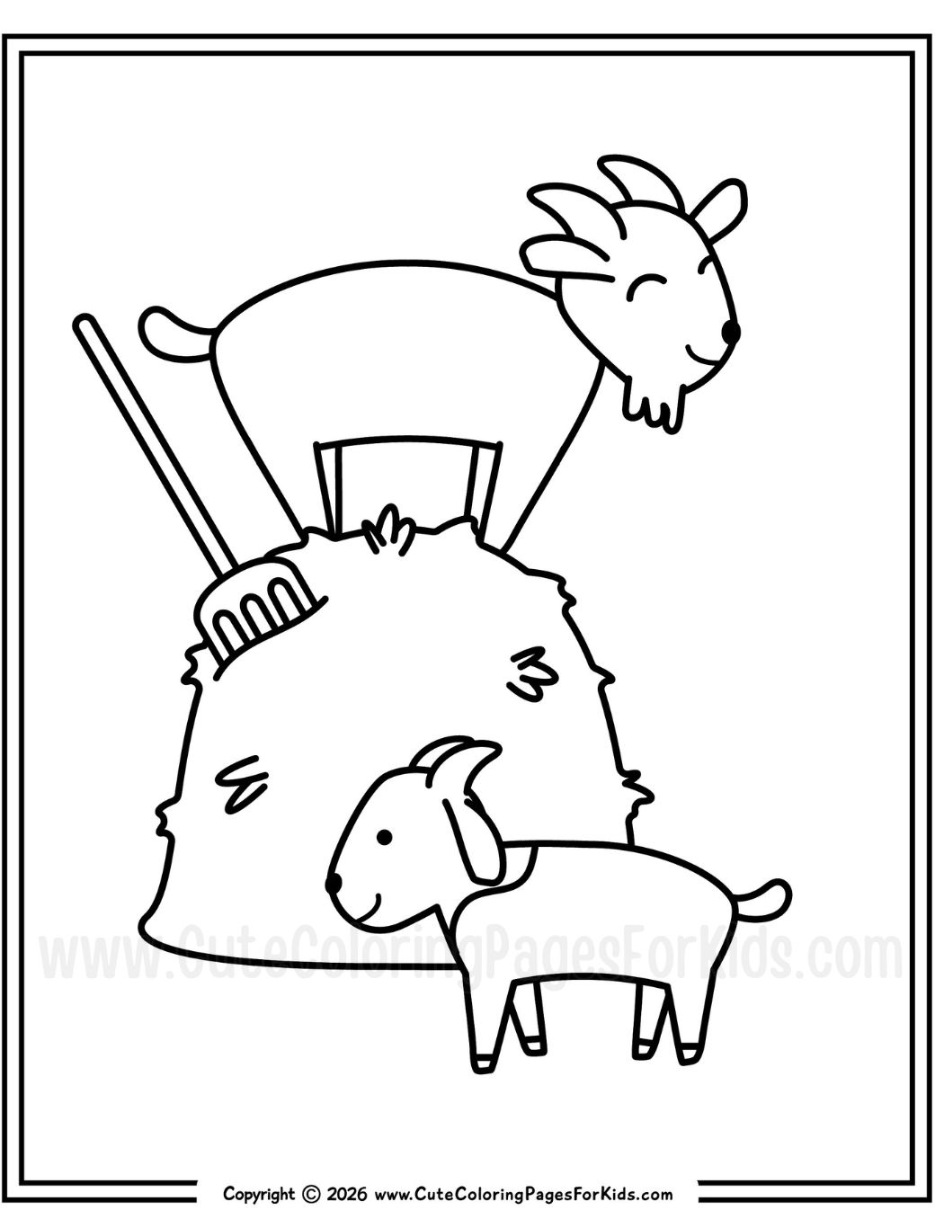 goat coloring sheet with two simple goats to color and a haystack