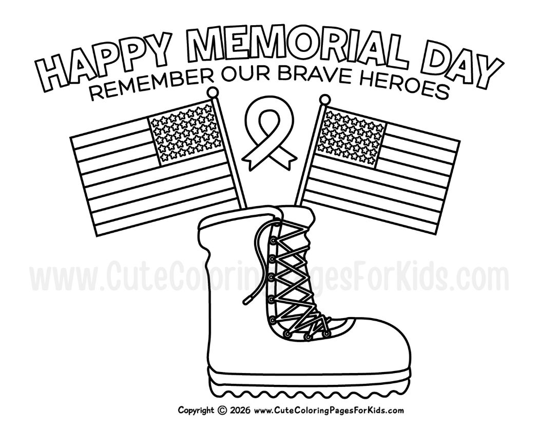 Simple Memorial Day coloring page with military boot, USA flags, and remembrance ribbon
