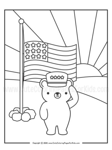 Memorial day coloring page featuring illustration of a military bear saluting a flag at half-staff while the sun is setting in the background