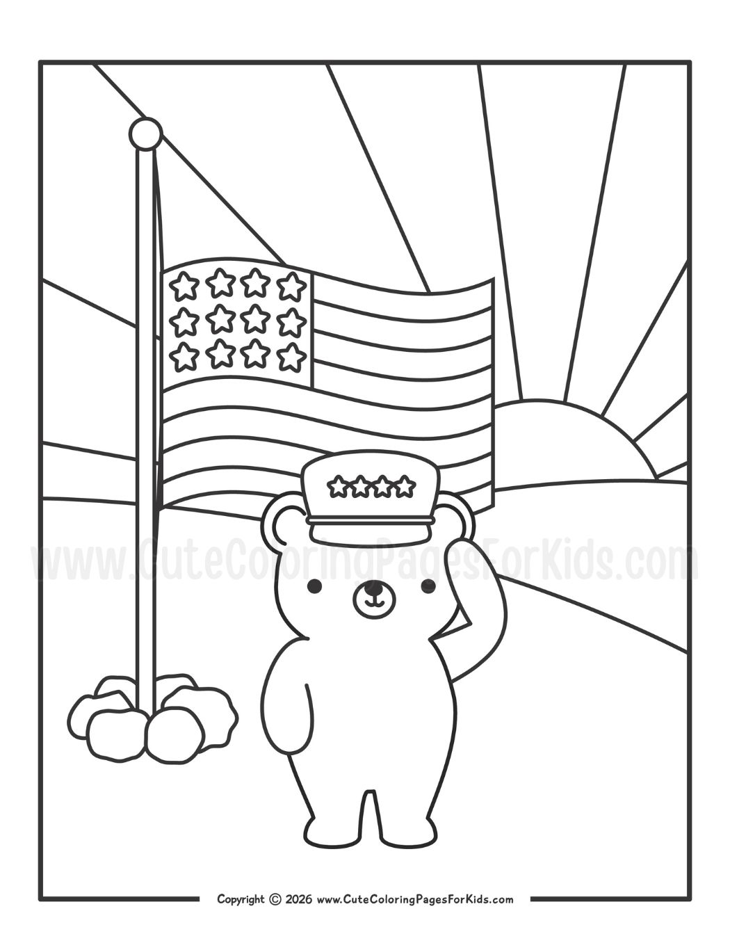 Memorial day coloring page featuring illustration of a military bear saluting a flag at half-staff while the sun is setting in the background