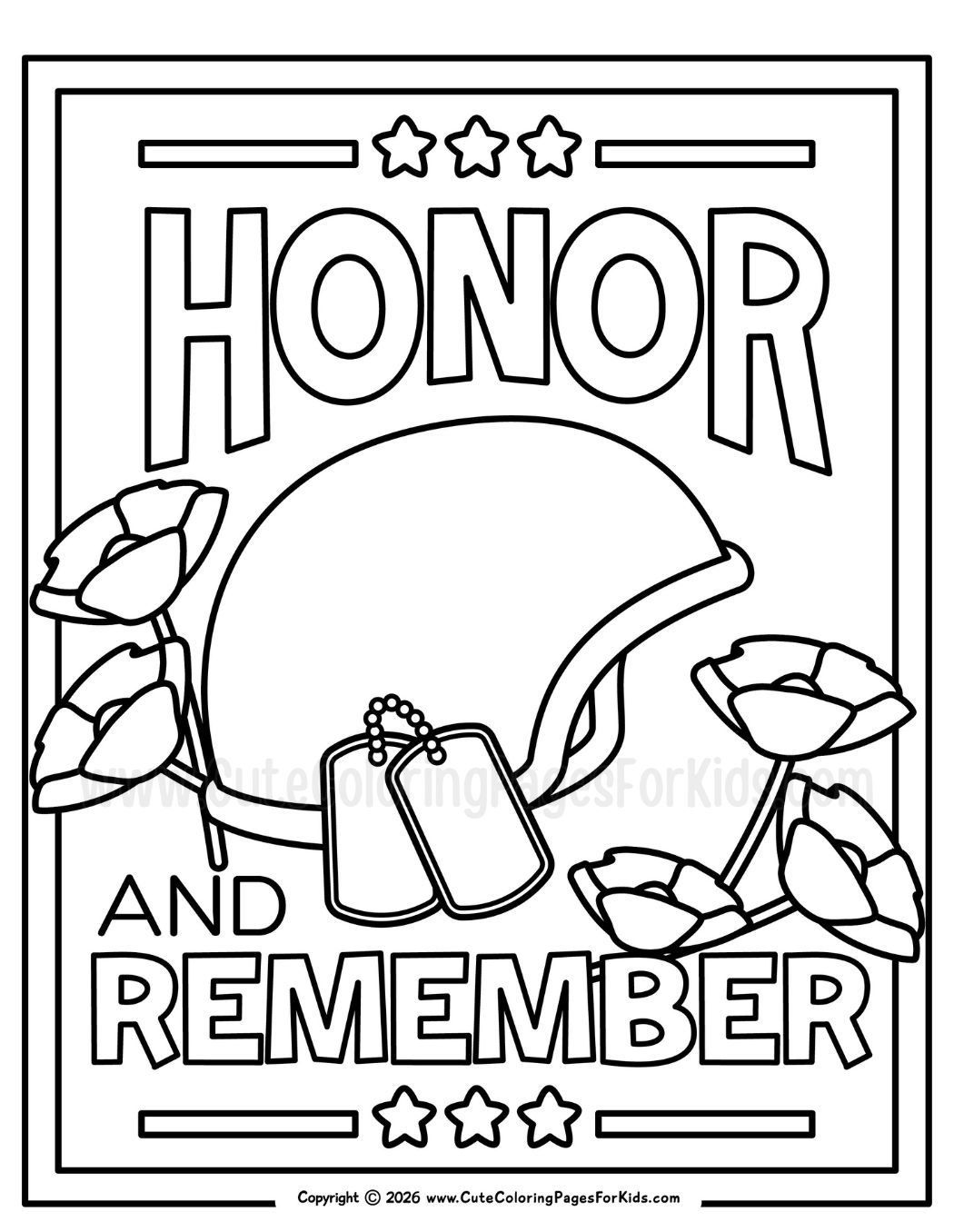 coloring page for Memorial day with poppies, military helmet, dog tags, and the words "Honor and remember"