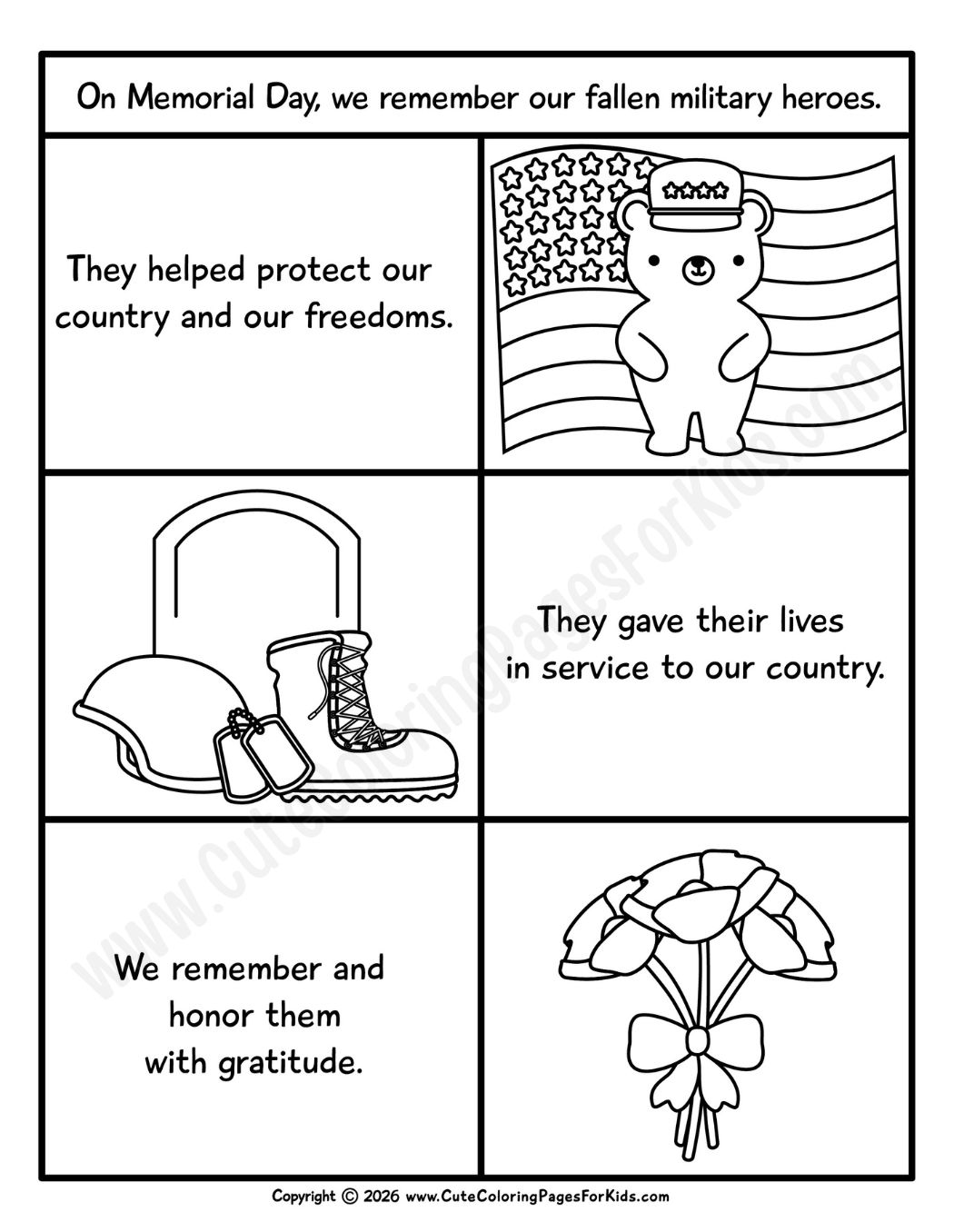 Coloring sheet with  Memorial Day info and symbols to color.