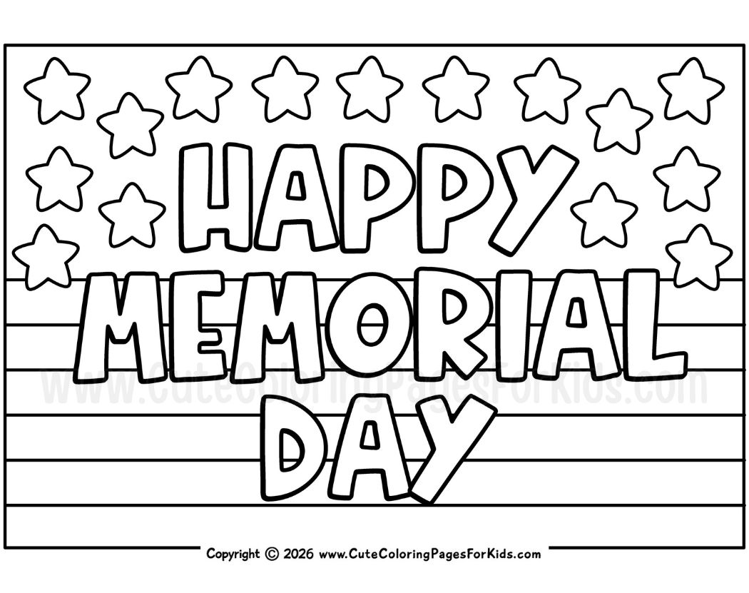 Simple memorial day coloring sheet with the words "happy memorial day" and stars and stripes to color