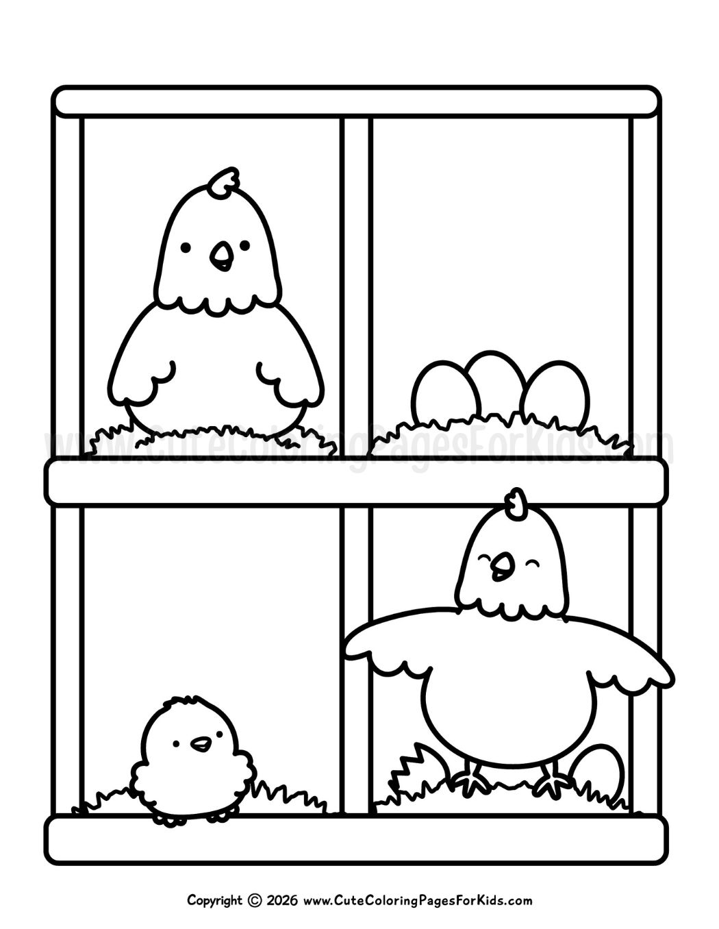 chickens coloring page with cute chickens in nesting boxes and a baby chick