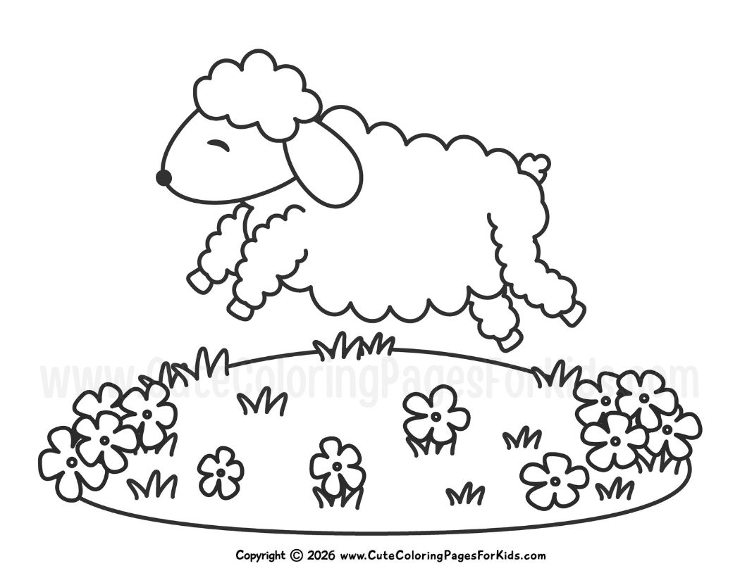 coloring page with picture of a sheep jumping in a field of flowers
