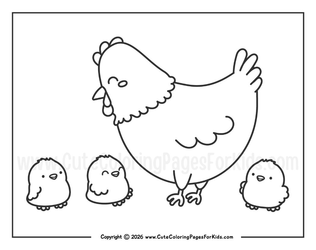 coloring page with cute hen and 3 chicks