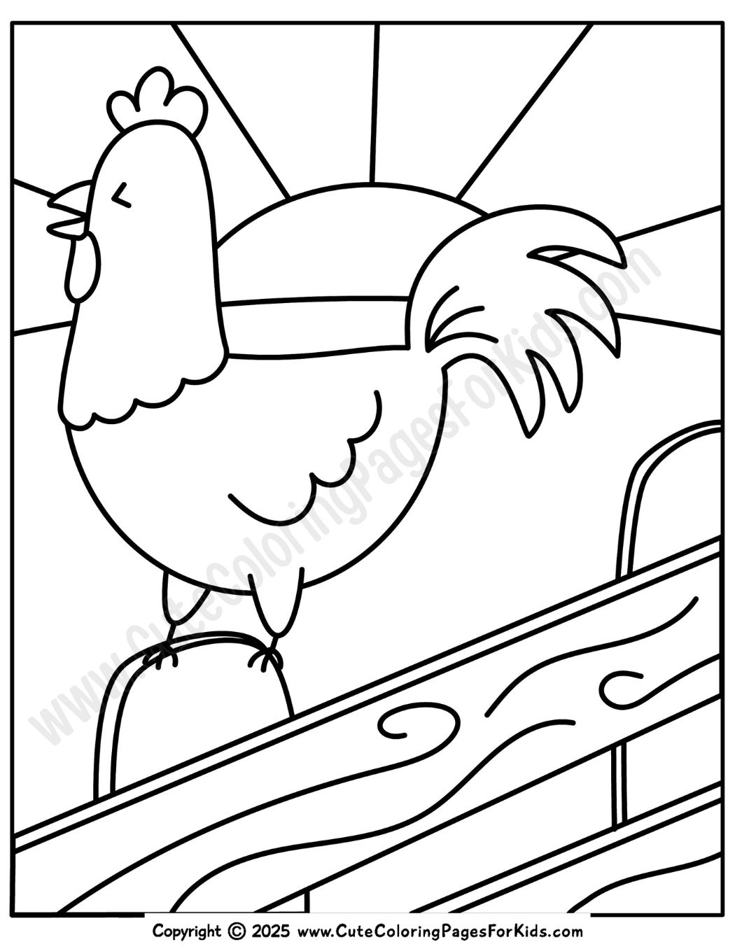 rooster coloring page with rooster crowing on a fence