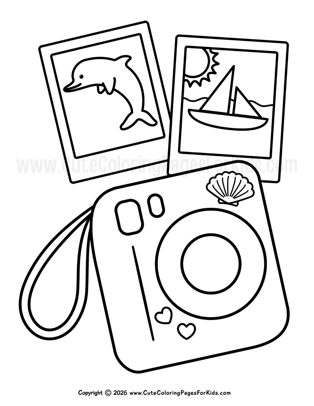 simple coloring page with line drawing of summer themed insta camera and pics