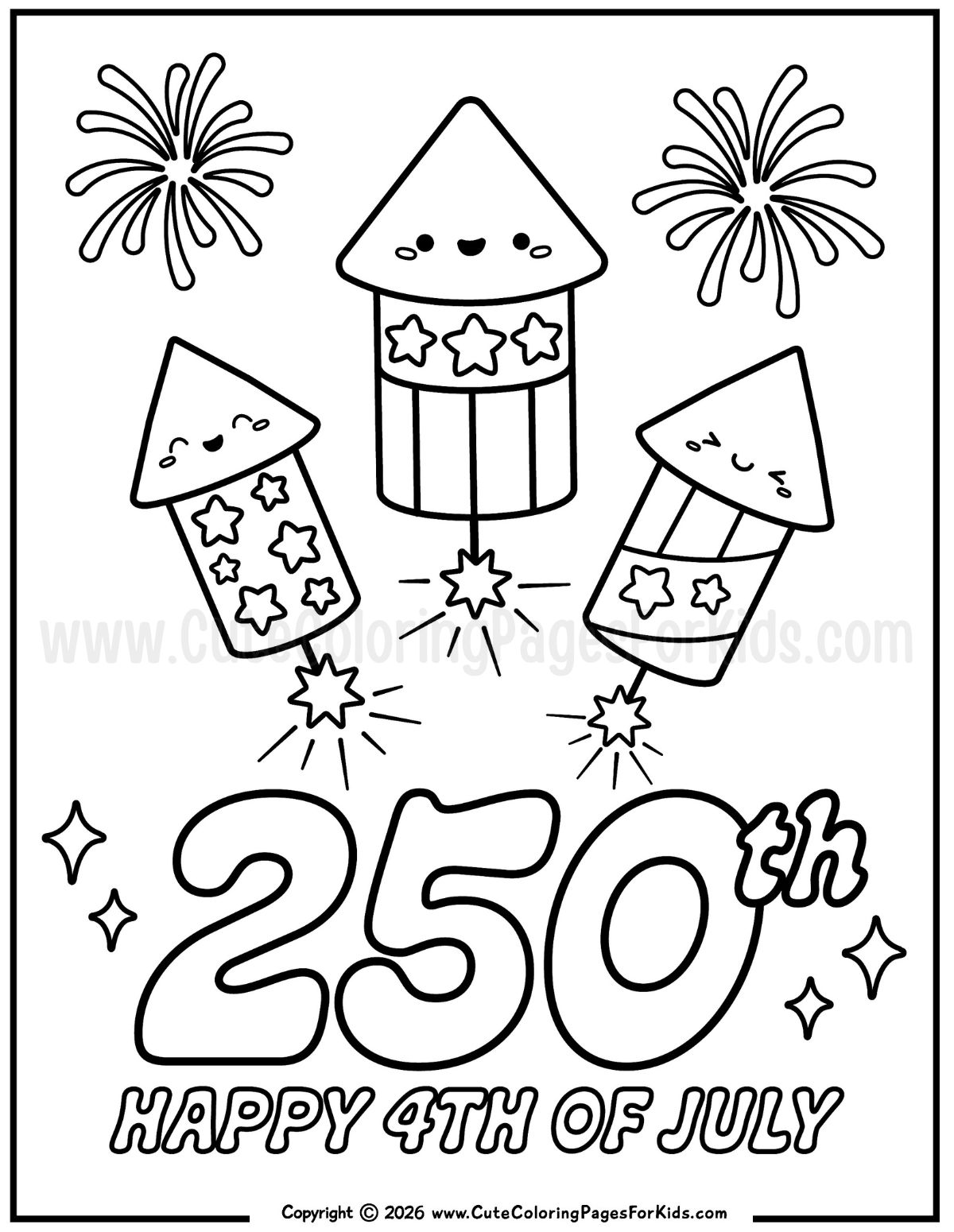 Black-and-white coloring page with three cute fireworks above large "250th" text and the words "Happy 4th of July" underneath.