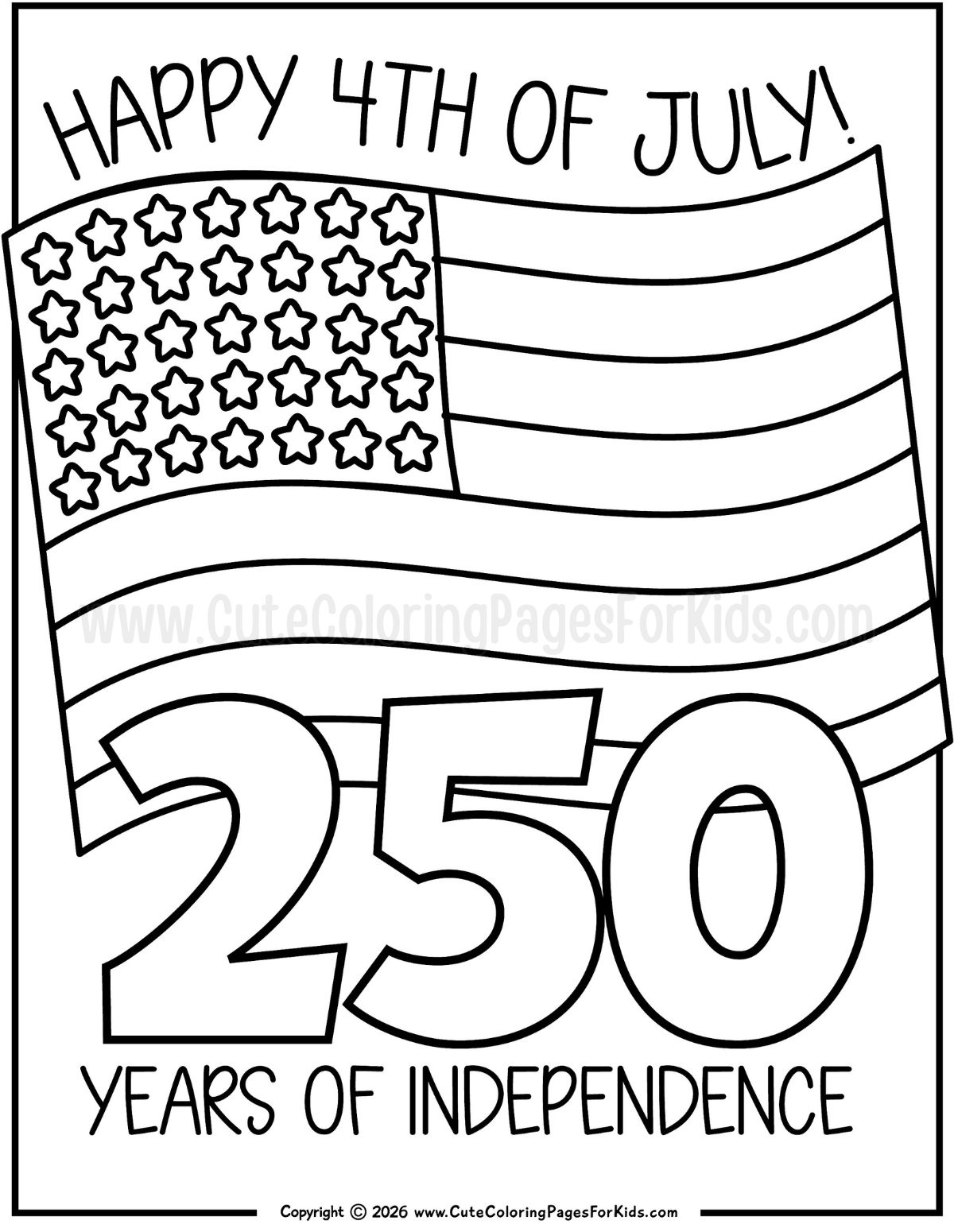 250th 4th of July coloring page with USA flag 