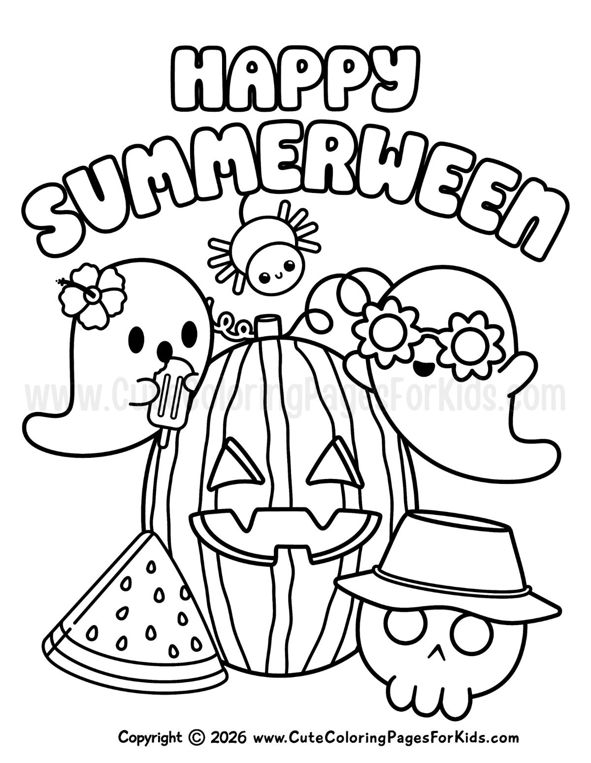 Black-and-white Summerween coloring page with "Happy Summerween" text, two cute ghosts, a jack-o'-lantern carved watermelon, and a skull wearing a bucket hat.