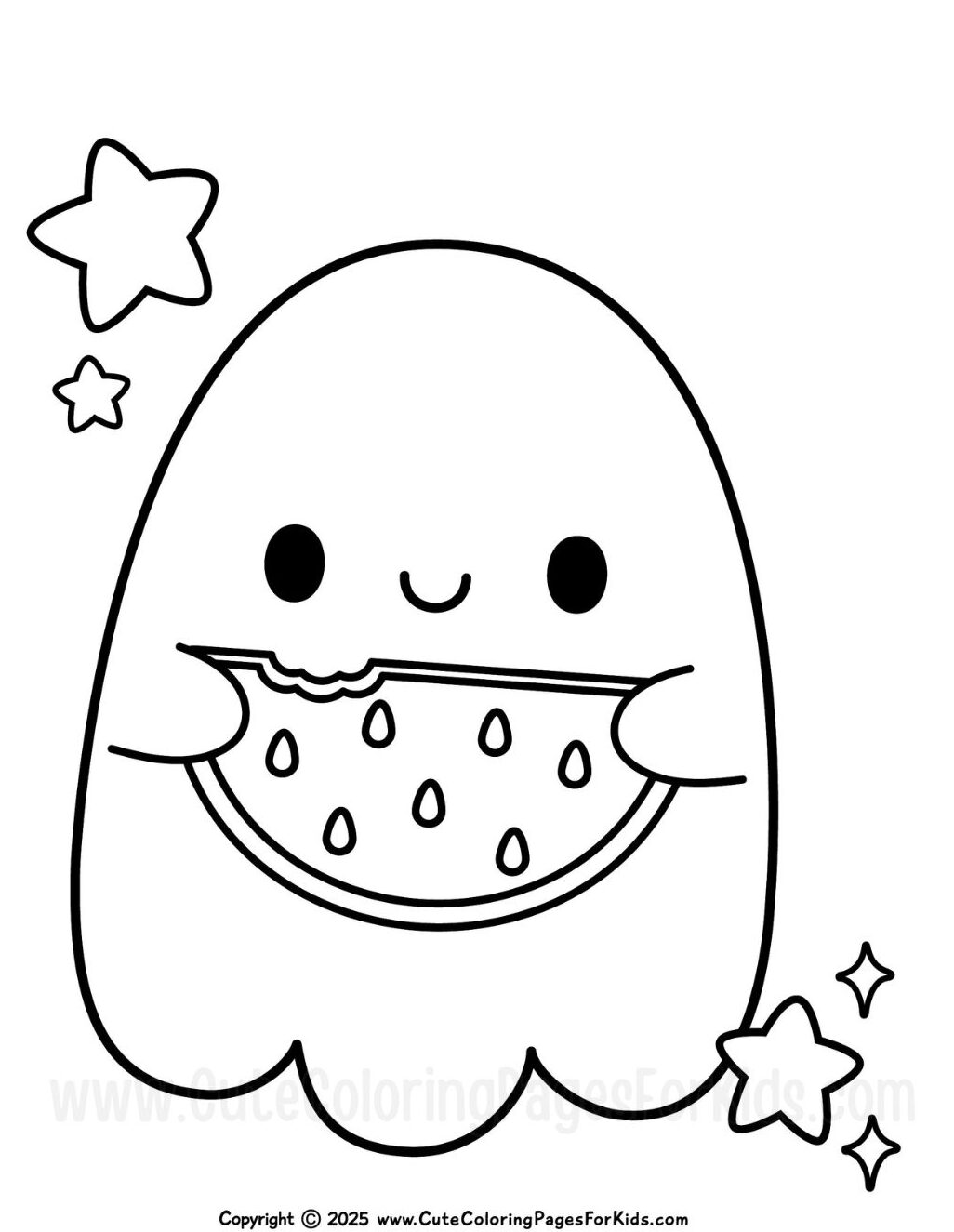 coloring page with easy to color ghost eating a watermelon