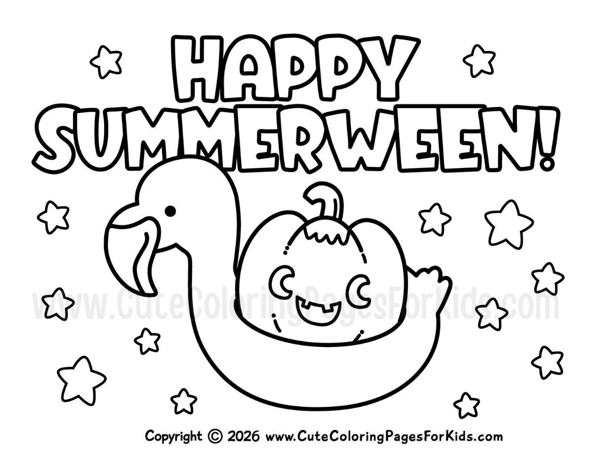 black and white coloring page with picture of a jack-o-lantern in a flamingo float and the words "Happy Summerween" at the top