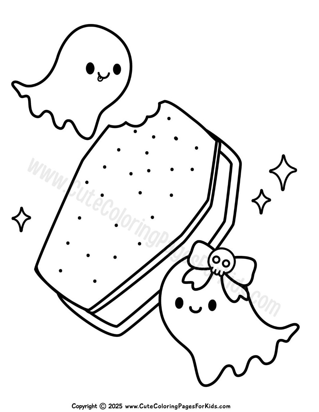 coloring page with two ghosts eating a casket shaped ice cream sandwich