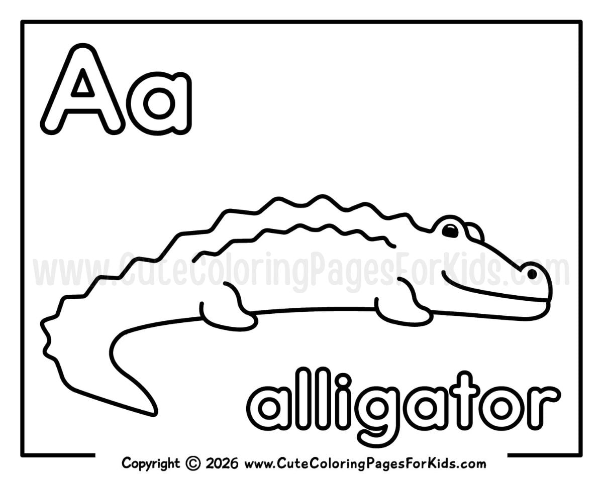 Letter A coloring page with a cute alligator illustration and the word "alligator"
