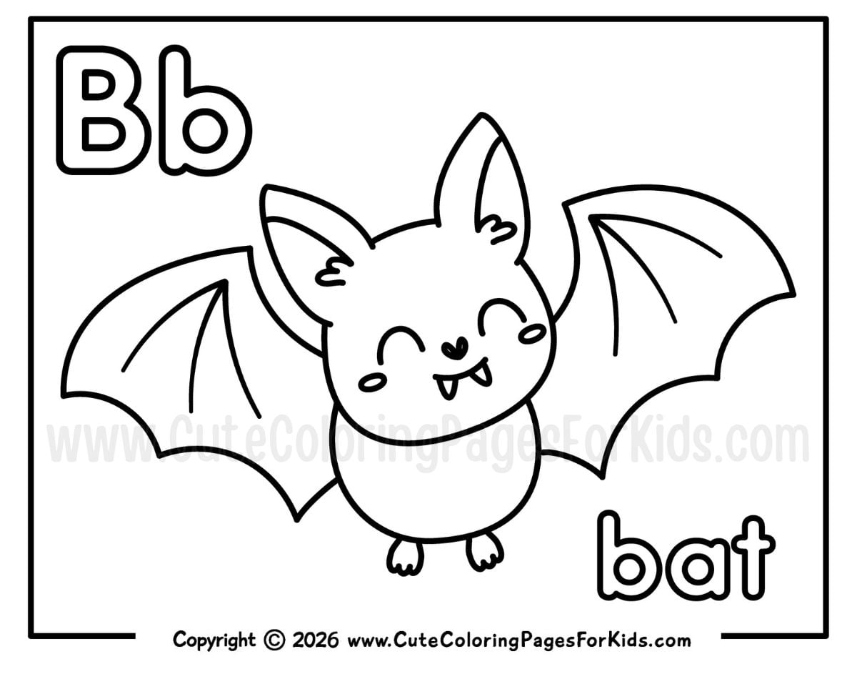 Letter B coloring page with a picture of a cute bat and the word "bat"