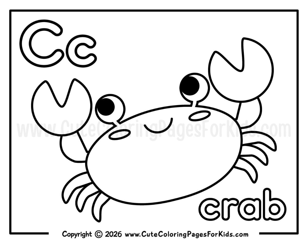 Letter C coloring page with a cute crab line drawing and the word "crab"