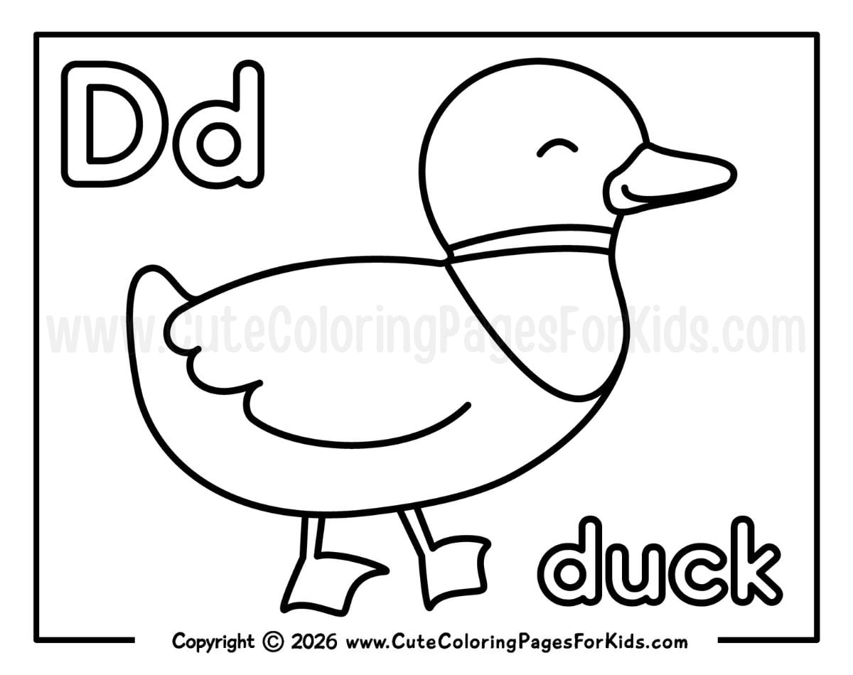 Letter D coloring sheet with an illustration of a duck and the word "duck"