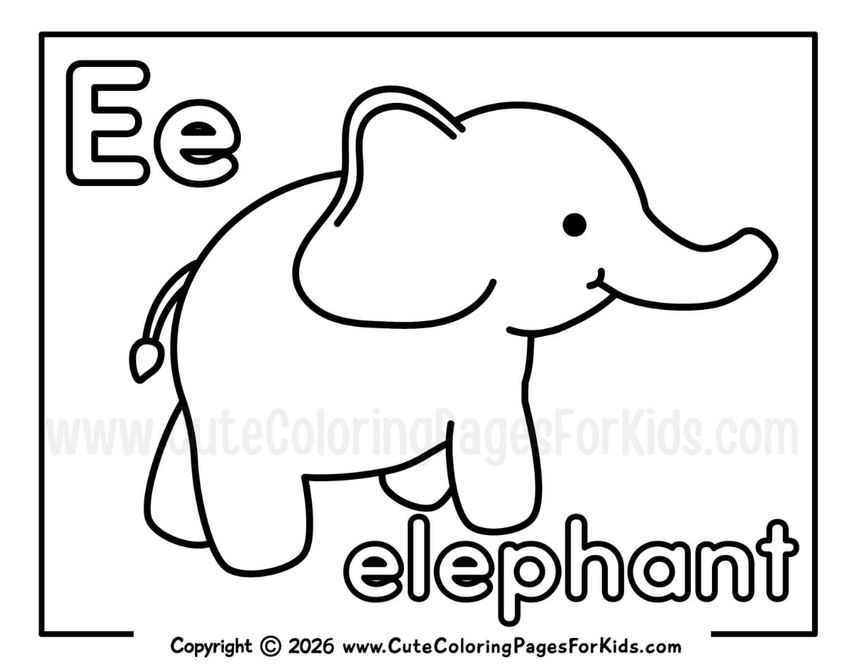 Letter D coloring page with an illustration of a cute elephant and the word "elephant"