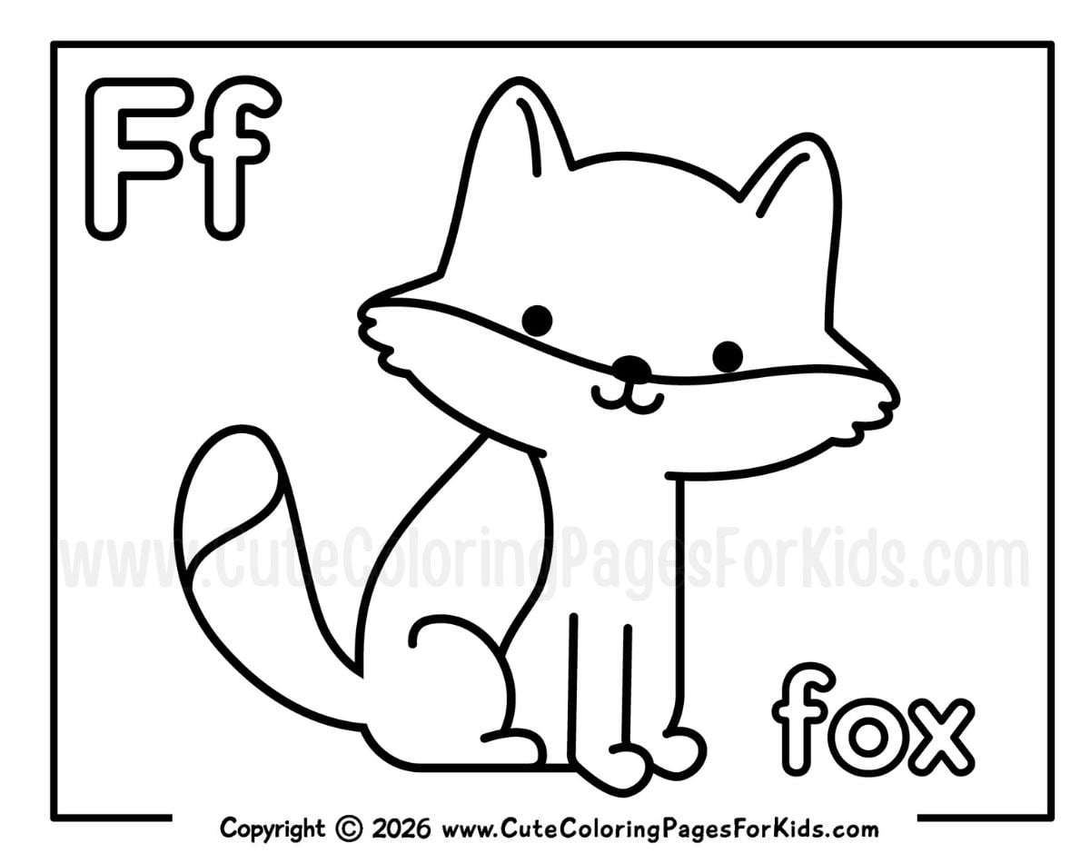 Letter F coloring sheet featuring a simple fox illustration and the word "fox"