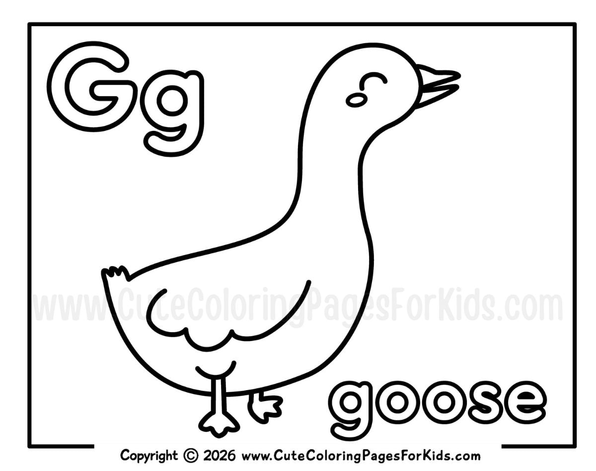 coloring page for letter G with cute and simple goose to color with the word "goose"