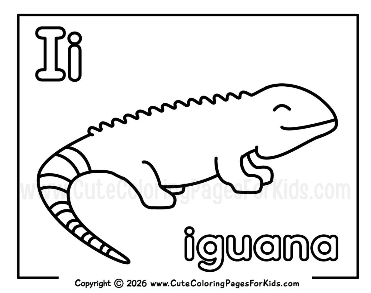 Letter I coloring page with a simple line drawing of an iguana