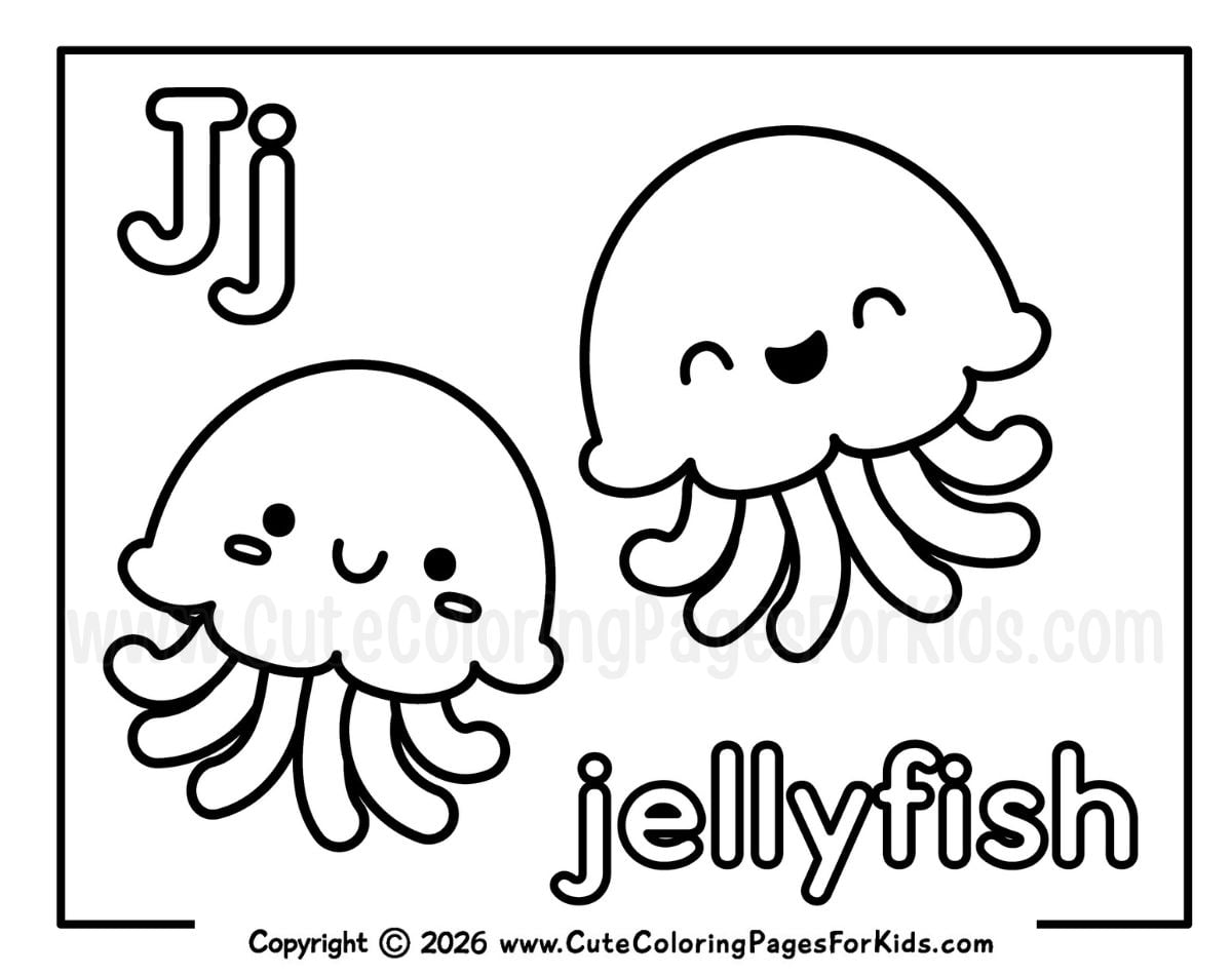 Letter J coloring page with two cute jellyfish to color