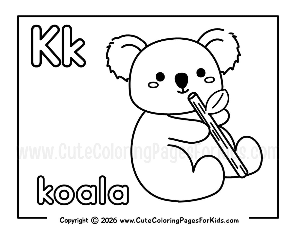 Letter K coloring page with a cute koala line drawing and the word "koala"
