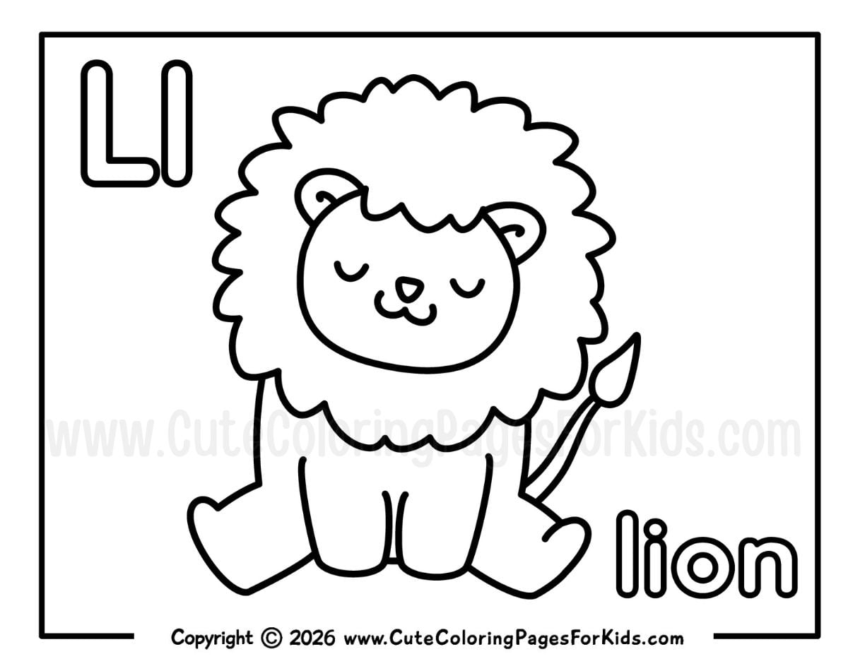 Letter L coloring page with an illustration of a sleepy lion