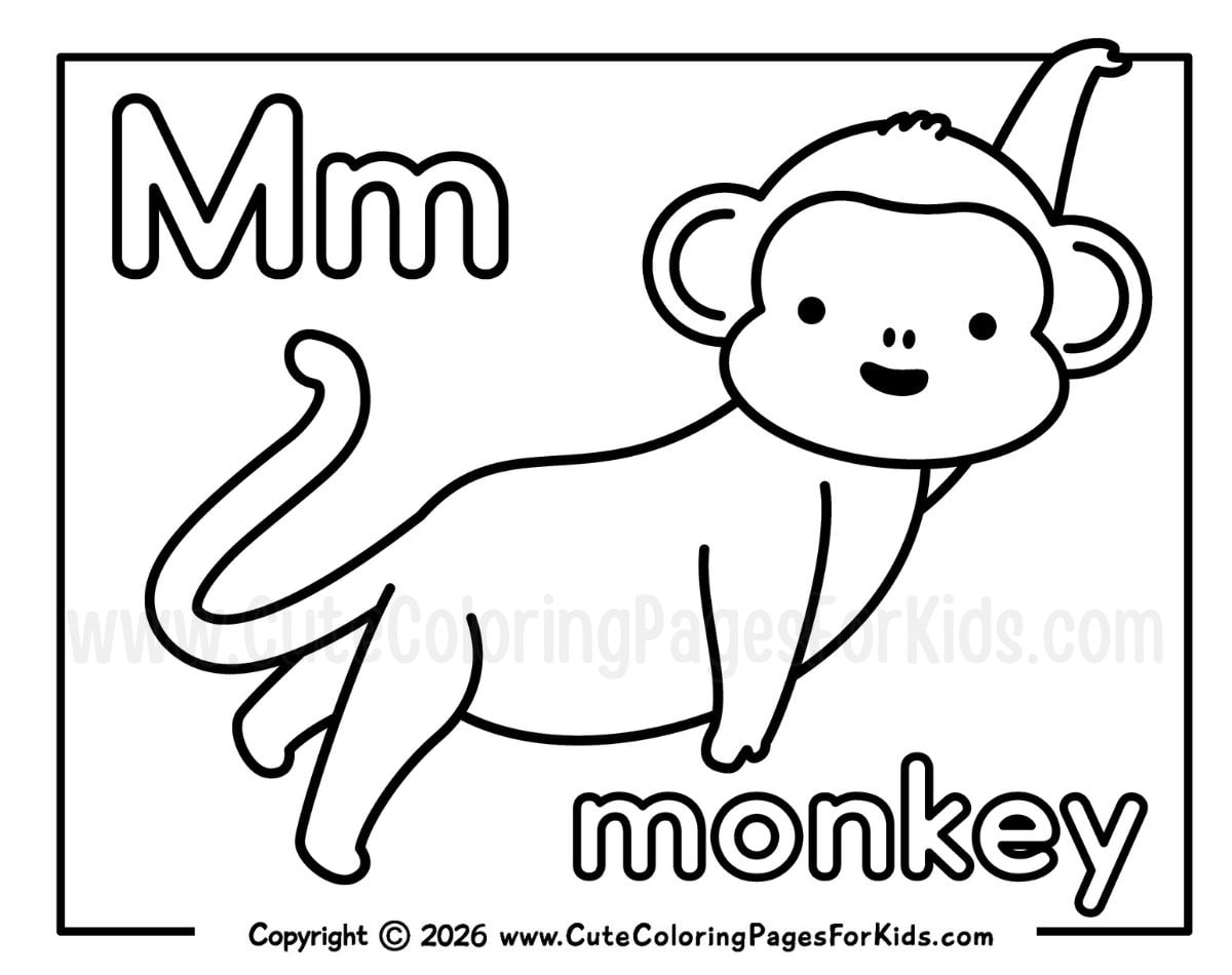 cute letter M coloring page with a picture of a swinging monkey to color