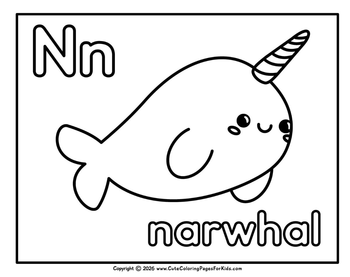 Letter N coloring sheet featuring a narwhal