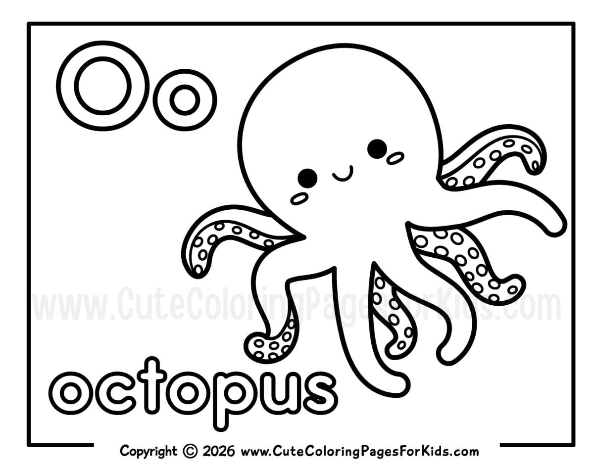 Letter O coloring sheet featuring a cute Octopus illustration