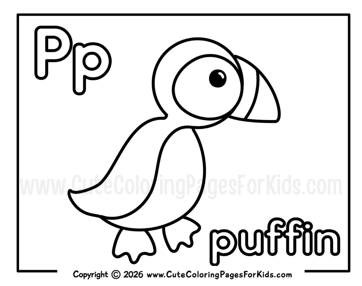 Letter P coloring page with a line drawing of a puffin and the word "puffin"