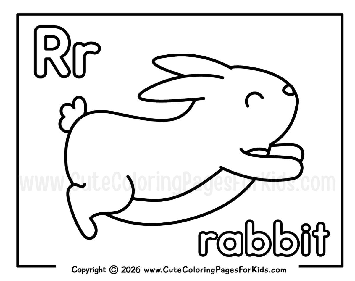 Letter R coloring page featuring an illustration of a hopping rabbit