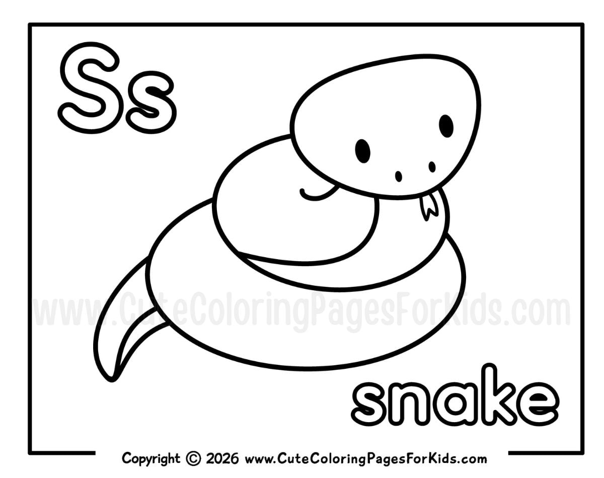 S coloring page with a cute snake line drawing